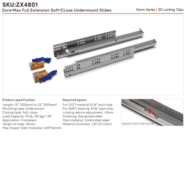 Euro-Max Full Extension Soft Close Undermount Slides | 16mm Series | 3D Locking Clips