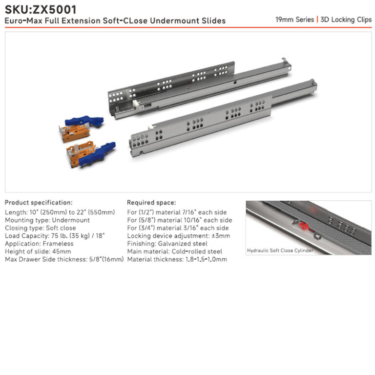 Euro-Max Full Extension Soft Close Undermount Slides | 19mm Series | 3D Locking Clips